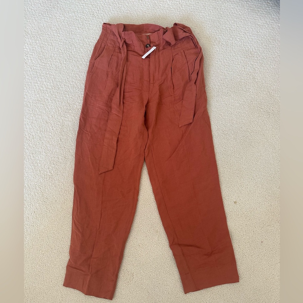 Madewell linen pants with tie belt; Rust color